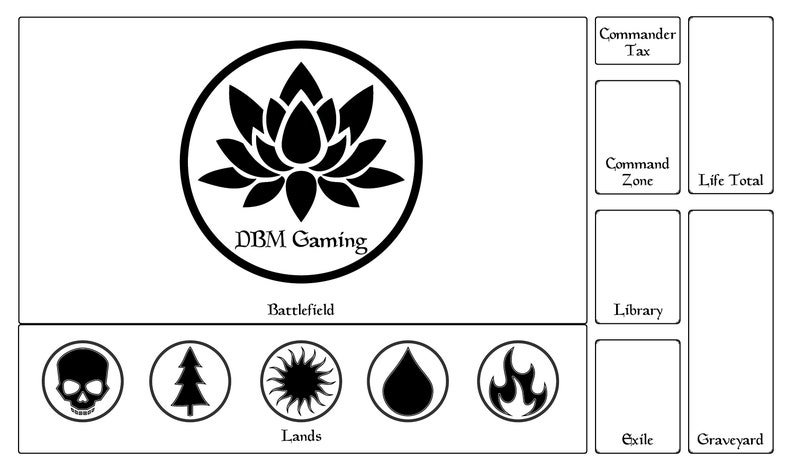 May include: Black and white playmat with a lotus flower design and the text "DBM Gaming". The playmat has sections for a battlefield, command zone, library, graveyard, exile, life total, and commander tax.