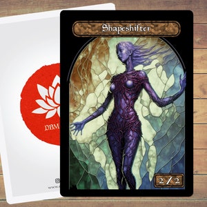 May include: A Magic: The Gathering card with a stained glass background featuring a purple humanoid creature with a title that reads "Shapeshifter" and a power and toughness of 2/2.
