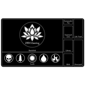 May include: Black playmat with a white lotus flower design and the text "DBM Gaming". The playmat has sections for a battlefield, lands, graveyard, exile, library, command zone, life total, and commander tax.