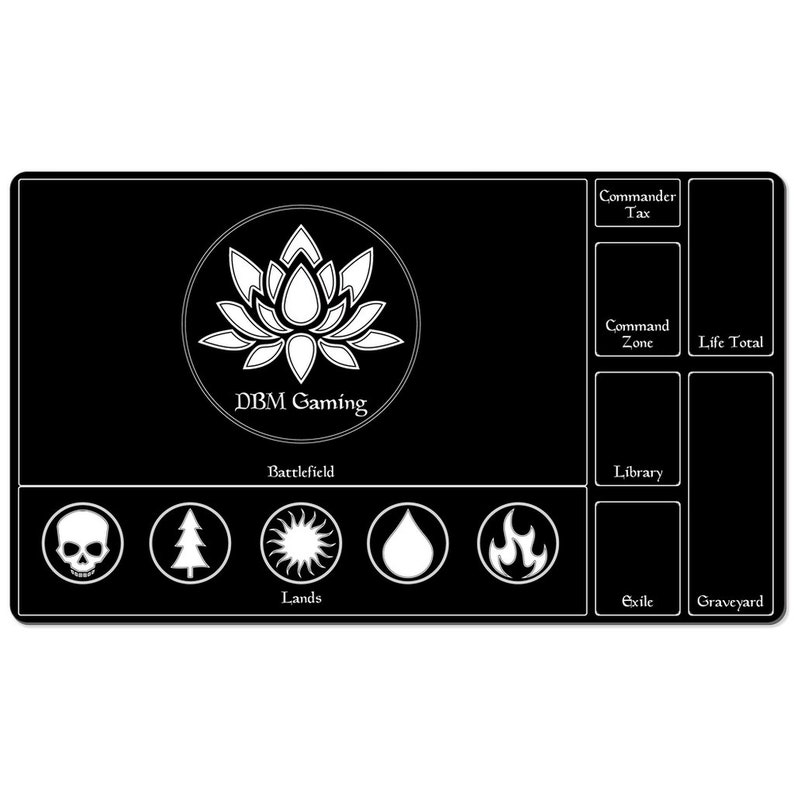 May include: Black playmat with a white lotus flower design and the text "DBM Gaming". The playmat has sections for a battlefield, lands, graveyard, exile, library, command zone, life total, and commander tax.