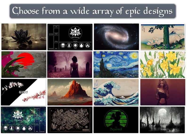 May include: A collage of 12 different designs, including a black lotus flower, a galaxy, a Japanese mountain scene, a graveyard, a starry night sky, a field of daffodils, a wave crashing against a mountain, a woman with a tattoo, a green and black lotus flower, a maze, a silhouette of a squirrel, and a swamp with a full moon.