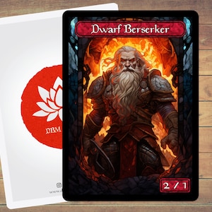 May include: A fantasy trading card featuring a dwarf berserker with a white beard and red armor. The card is set against a fiery background and has the text "Dwarf Berserker" and the power and toughness "2/1".