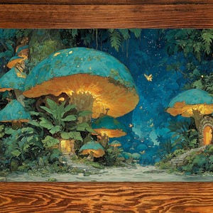 May include: An artistic illustration of a whimsical forest scene featuring large, glowing mushrooms with teal caps and golden undersides. Lush green foliage surrounds the mushrooms, with a pathway leading to a mushroom house. The artwork has a fantasy theme.