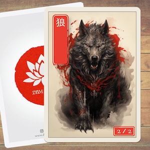 May include: A black and white illustration of a wolf with red accents. The wolf is snarling with its mouth open and its teeth showing. The text "狼" is written in red on the card. The card also has the text "2/2" in a red box in the bottom right corner.