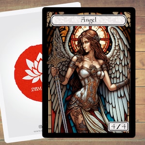May include: A stained glass style illustration of an angel with white wings, holding a sword. The angel is wearing a white dress with gold accents and has long brown hair. The text "Angel" is at the top of the card and "4/4" is at the bottom.