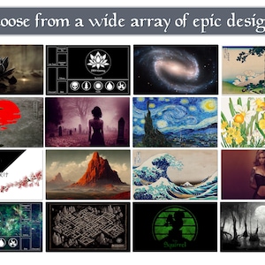 May include: A collection of various art prints featuring diverse themes. The prints include a black lotus, a galaxy, a Japanese landscape, a dinosaur with a red sun, a woman in a graveyard, and a starry night painting. The text at the top says "Choose from a wide array of epic designs."