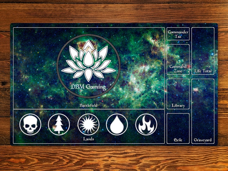 May include: A green and blue galaxy-themed playmat with a white lotus flower logo and the text "DBM Gaming". The playmat has sections for a battlefield, lands, library, exile, graveyard, command zone, life total, and commander tax.