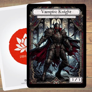 Pode incluir: Um cartão de cavaleiro vampiro preto e vermelho com o texto "Vampire Knight" e "Lifelink" em branco. O cartão tem uma força e resistência de 1/1.