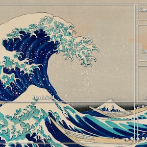 May include: A blue and white Japanese-style art print of a large wave crashing over a boat. The print is divided into sections for a game board, with labels for "Battlefield", "Lands", "Exile", "Graveyard", "Library", "Command Zone", "Life Total", and "Commander Tax".
