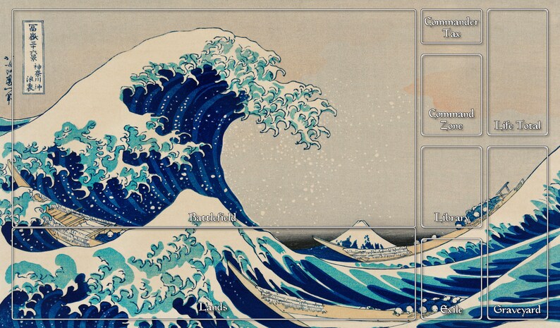 May include: A blue and white Japanese-style art print of a large wave crashing over a boat. The print is divided into sections for a game board, with labels for "Battlefield", "Lands", "Exile", "Graveyard", "Library", "Command Zone", "Life Total", and "Commander Tax".