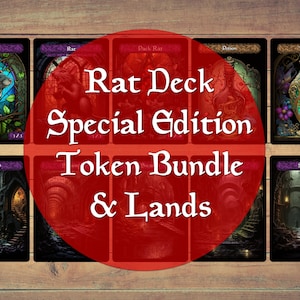 Könnte beinhalten: Ein Set von Magic: The Gathering Karten mit Rat-Thema. Die Karten beinhalten "Rat", "Pack Rat", "Gift", "Schatz" und "Sumpf". Die Karten sind Teil eines "Rat Deck Special Edition Token Bundle & Lands" Sets.