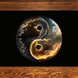 May include: A black background with a yin yang symbol in the center. The symbol is made of swirling clouds with a golden and black color scheme.