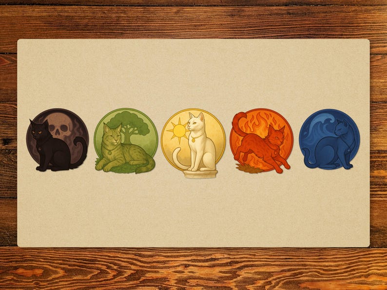 May include: A rectangular beige mat featuring five circular illustrations of cats. Each cat is depicted in a different color and surrounded by a unique symbol: a skull, a tree, a sun, flames, and waves. The cats are in various poses.