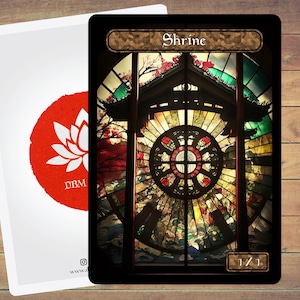 May include: A stained glass window depicting a shrine with a circular design in the center. The window is framed in black and has a brown wooden border. The text "Shrine" is printed in white at the top of the card. The text "1/1" is printed in white at the bottom of the card.