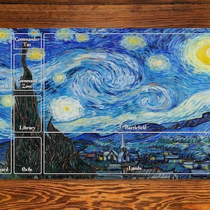 Tapis de jeu Nuit étoilée 14 x 24 Vincent Van Gogh avec aménagement de zone magique pour Edh et le commandant