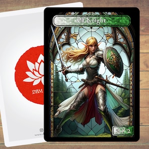 Pode incluir: Um cartão de jogo de fantasia que representa uma elfa cavaleira com armadura segurando uma espada e um escudo. O cartão é verde e branco com o texto "Elf Knight" e "2/2".