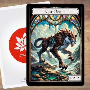 Paquete de 5 fichas de Cat Beast Token MTG con diseño de vidrieras para Magic y otros juegos de cartas coleccionables