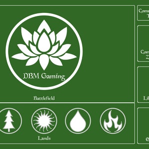 May include: A green playmat with a white lotus flower design in the center. The text "DBM Gaming" is below the lotus. The playmat is divided into sections for a commander game, including a command zone, library, graveyard, exile, battlefield, and life total.