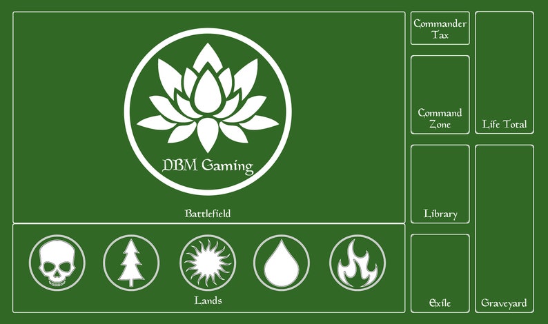 May include: A green playmat with a white lotus flower design in the center. The text "DBM Gaming" is below the lotus. The playmat is divided into sections for a commander game, including a command zone, library, graveyard, exile, battlefield, and life total.