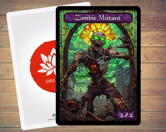 Op de afbeelding: Een illustratie in de stijl van een glas-in-loodraam van een groenogige zombie-mutant met een kracht en uithoudingsvermogen van 2/2. De kaart heeft de titel "Zombie Mutant".