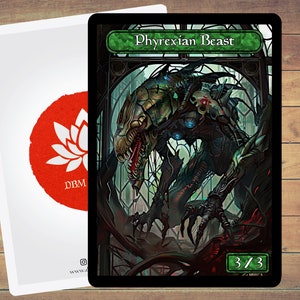 Ficha de Bestia Pirexiana MTG, paquete de 5 fichas de arte de vitral para Magic y otros juegos de cartas coleccionables