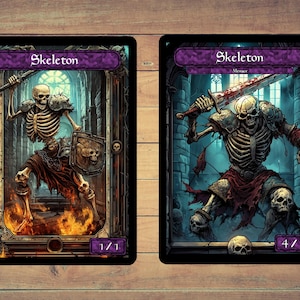 Könnte beinhalten: Zwei Magic: The Gathering Karten, die einen Skelettkrieger darstellen. Die erste Karte zeigt ein Skelett, das ein Schwert und einen Schild hält und in einem feurigen Raum steht. Der Kartentext lautet "Skeleton" und "1/1". Die zweite Karte zeigt ein Skelett, das ein Schwert hält und in einem dunklen Raum steht. Der Kartentext lautet "Skeleton", "Menace", und "4/1".
