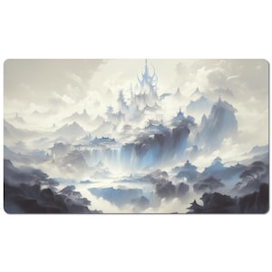 May include: A rectangular playmat featuring a fantasy landscape with a mountain range, waterfalls, and traditional Asian architecture. The color palette is primarily cool tones of blue, gray, and white, creating a serene and ethereal atmosphere.