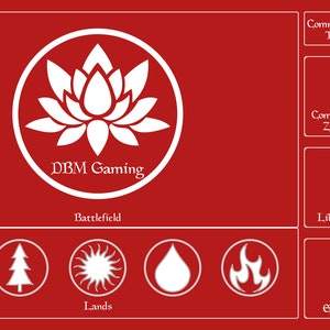 May include: A red background with a white lotus flower in a circle, the text "DBM Gaming" below the flower, and a white outline of a battlefield, graveyard, library, exile, command zone, life total, and commander tax.  There are five white icons below the battlefield: a skull, a tree, a sun, a water drop, and a flame.