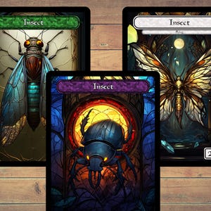 May include: Three rectangular game cards featuring insect illustrations in a stained-glass style. The cards display a cicada, a beetle, and a butterfly, each labeled with the text Insect. The cards feature vibrant colors including blue, gold, and purple.