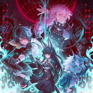 Op de afbeelding: Digitale illustratie in anime-stijl met levendige personages. Het kunstwerk toont meerdere figuren in dynamische poses, omringd door gloeiende energie en een rode geometrische achtergrond. De tekst "SECTION 6" en namen van personages zijn zichtbaar.