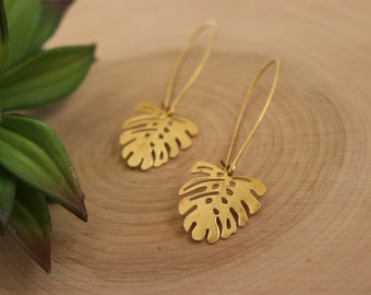 Monstera Leaf Earrings, Raw Brass Earrings, Leaf Earrings, Dangle Earrings, Leaf Drop Earrings, Locking Ear Wire