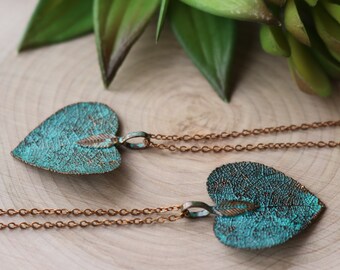 Copper Heart Patina Necklace, Rubber leaf necklace