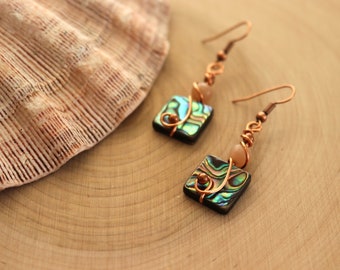 Abalone with copper wire wrapping and pink quartz  earrings