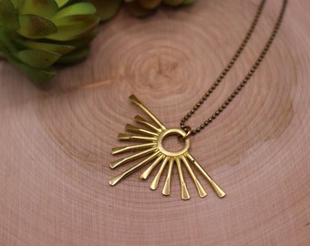 Raw Brass Necklace, Sunburst Necklace, Sun Ray Necklace