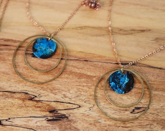 Patina Copper Necklace - Brass circles with vibrant blue patina on a 19" chain