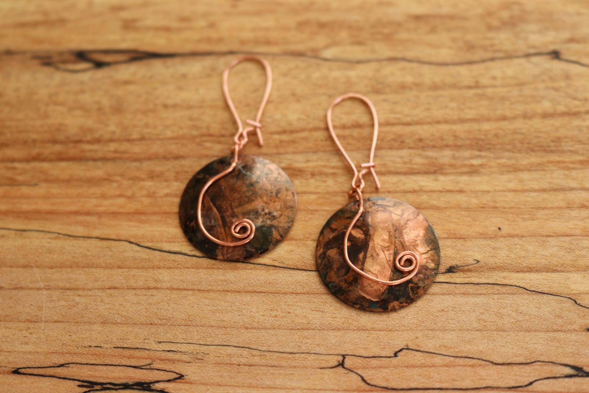 Patina Earrings Domed Circles With Copper Hand Formed Design Etsy UK