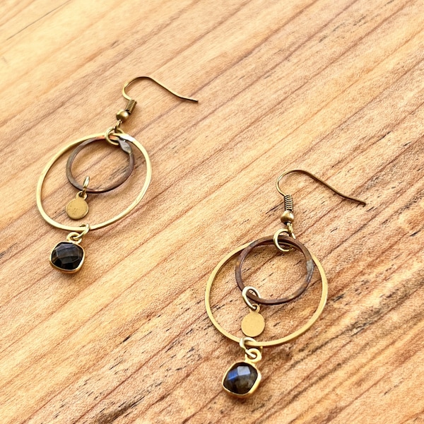 Brass Hand Forged Hoops and Raw Copper Fire Patinaed Earrings, Labradorite dangle earrings