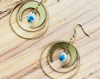 Brass Hoop earrings with crescent moons and robin egg jasper stones