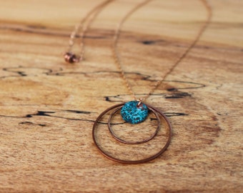 Copper Patina Circles Necklace, Copper and Blue Necklace