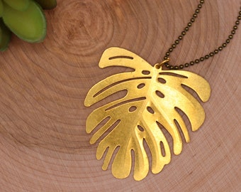 Monstera leaf raw brass necklace