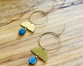 Brass hoop and moon earrings with Kyanite Stones