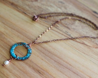 Patina copper washer necklace with fresh water pearl detail on a 19" copper chain with magnetic clasp