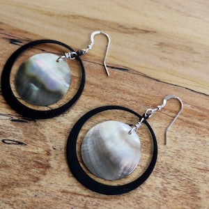 Mother of Pearl with black bass hoop Earrings - Modern beautiful earrings with Sterling Silver ear wires