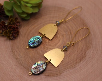 Abalone Earrings with Black Crystal Accent, Shell & Brass Earrings