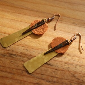 Multi metal earrings - Raw Brass and Copper hand hammered earrings with patina detail