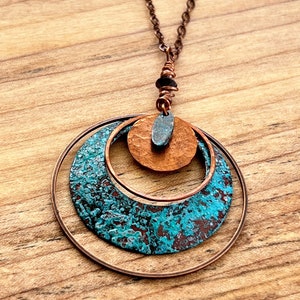 Patina Copper Circle Necklace with hoops and hammered detail