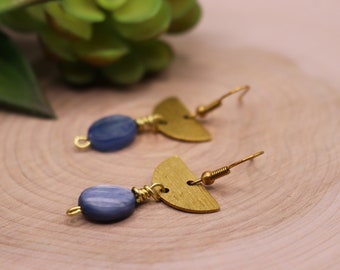 Kyanite Dark Blue Earrings, Half Circle Brass Earrings