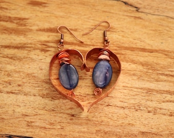 Heart Earrings - Raw Copper Earrings with Kyanite stones and copper accents