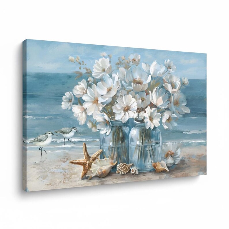 Blue White Coastal Flower Canvas Wall Art, Beach Ocean Scene Decor ...