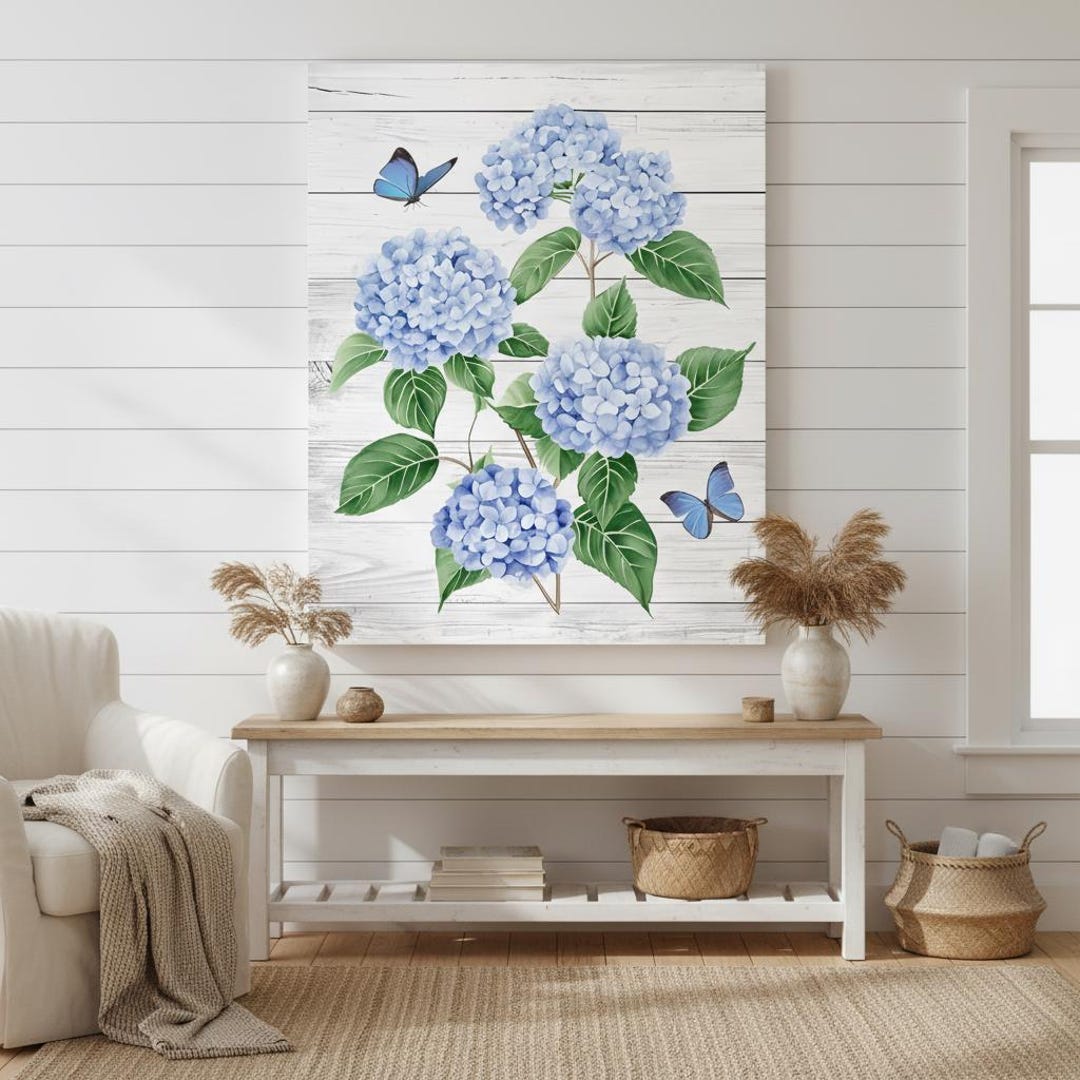 Blue Hydrangea Butterfly Floral Canvas Wall Art White Wood Background ...